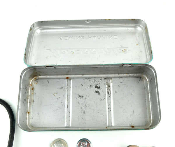 Vintage Sewing Machine Accessories Metal Box Hinged Lid with Contents  Needles, Parts