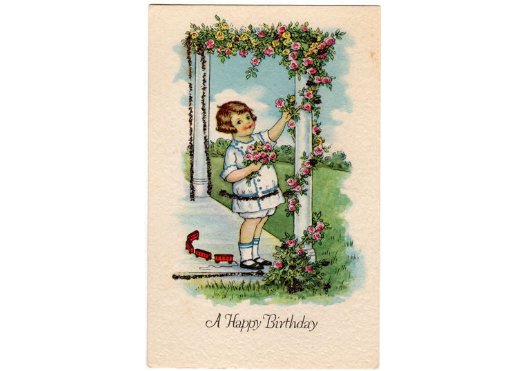 Vintage Unused Happy Birthday Postcard Little Girl Red Train Glitter Pink  Roses