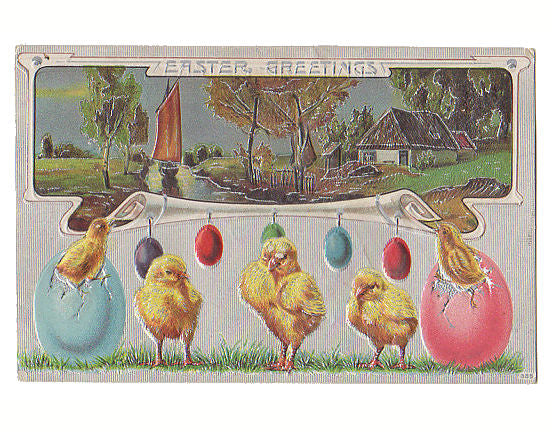 Antique Embossed Easter Postcard Egg Ornaments Country House Scene
