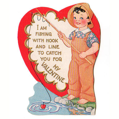 Vintage 1950s Valentine's Day Card Boy Fishing Hook and Line