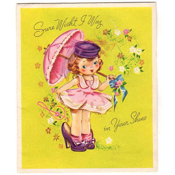 Girl with Parasol Vintage 1950s Birthday Greeting Card Used Artistic Card