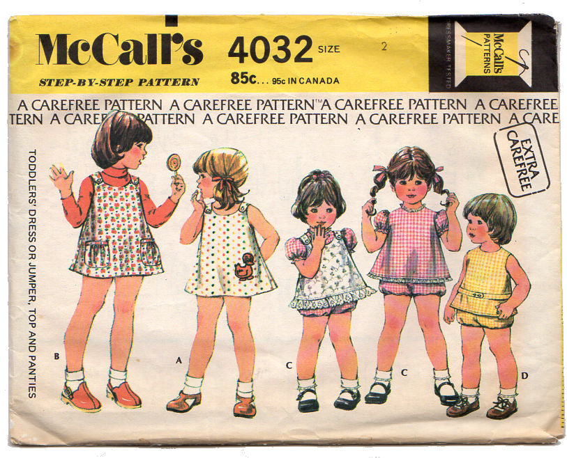 McCall's 4032 Vintage 1970s Toddler Dress or Jumper Top and Panties Sewing  Pattern Size 2