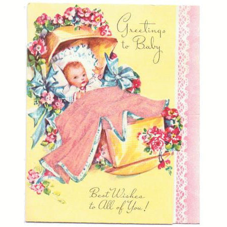 Vintage 1940s New Baby Congratulations Greeting Card Flocked Blanket Infant  in Cradle