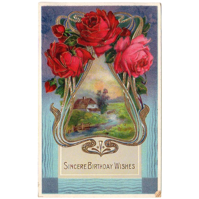 Pink Rose Red Heart Green Ribbon Antique Valentine Postcard Embossed Unused