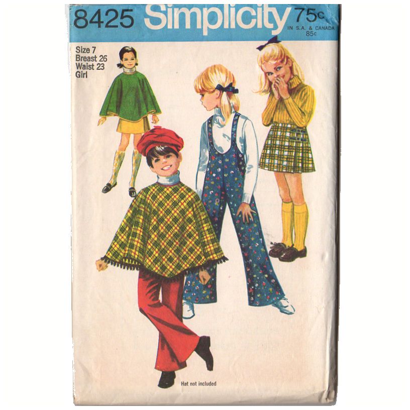Vintage 1960s Simplicity Sewing Pattern 8425 Girls Poncho and Bell Bottom  Pants Size 7