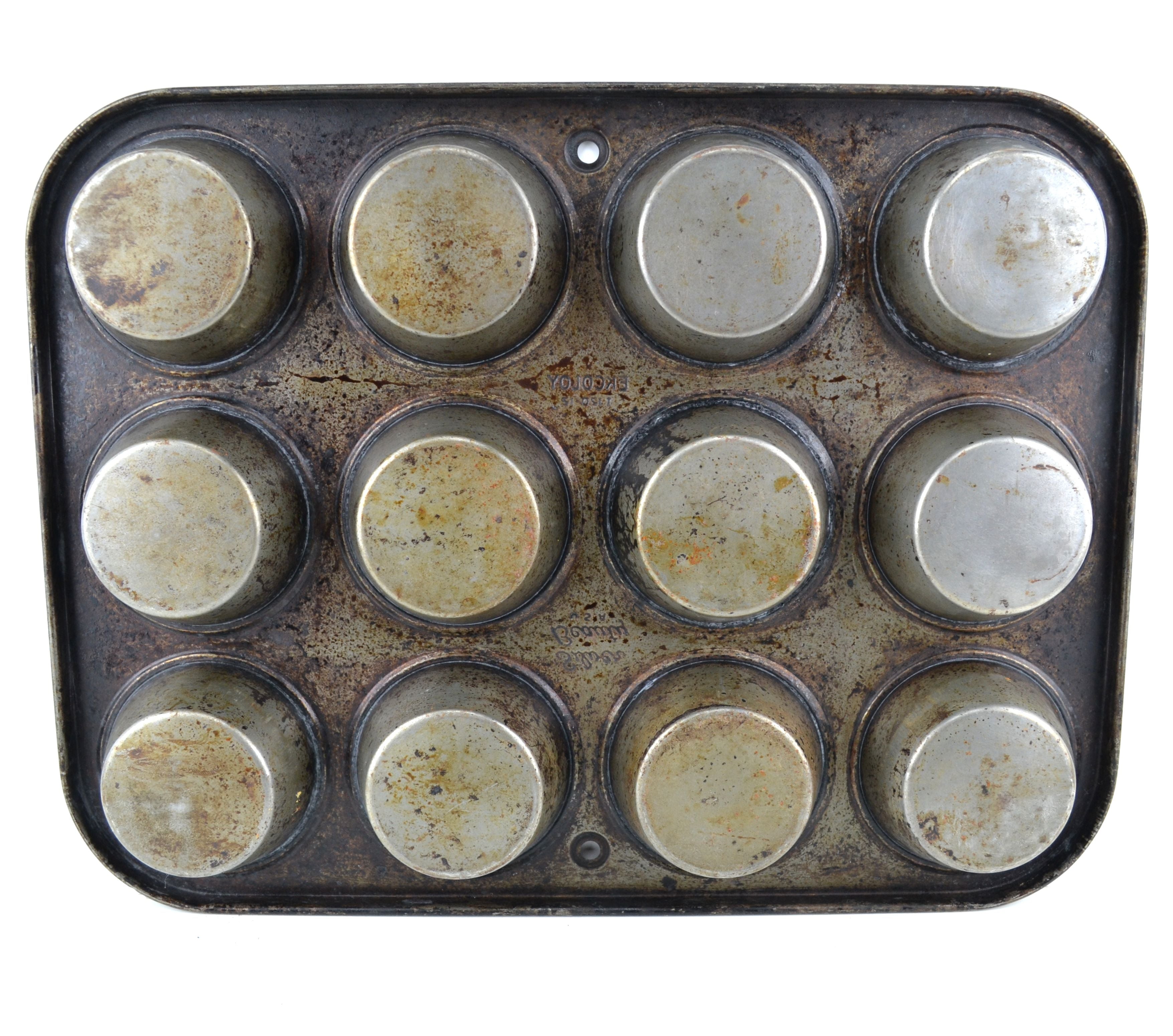 Vintage Enamel 12 Hole Muffin Pan/ Antique Gray Enamelware 